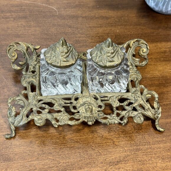 Other - Antique Ornate Brass Double Inkwell Stand with Two Glass Ink Pots Victorian Era